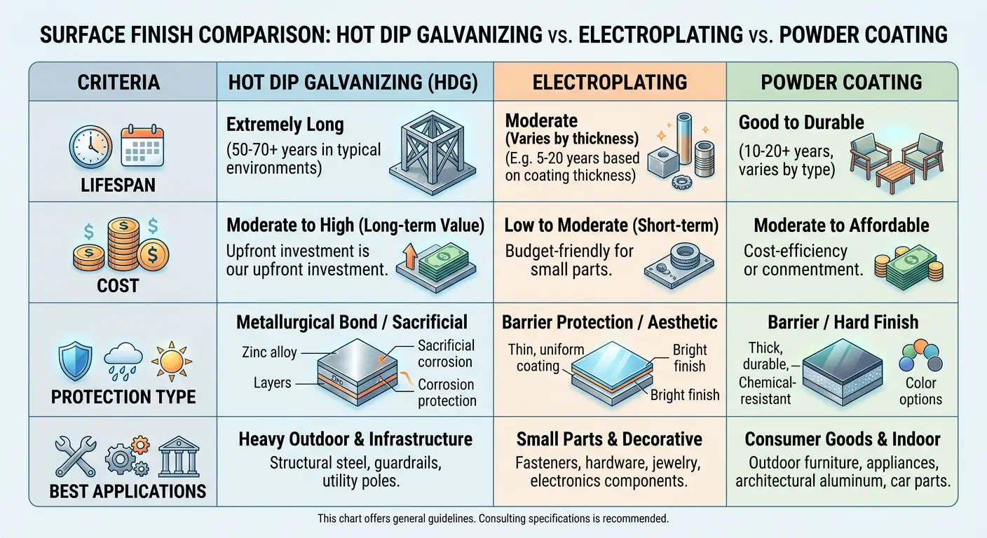 Galvanizing vs electroplating vs powder coating comparison chart showing differences in lifespan, cost, corrosion protection, and best applications